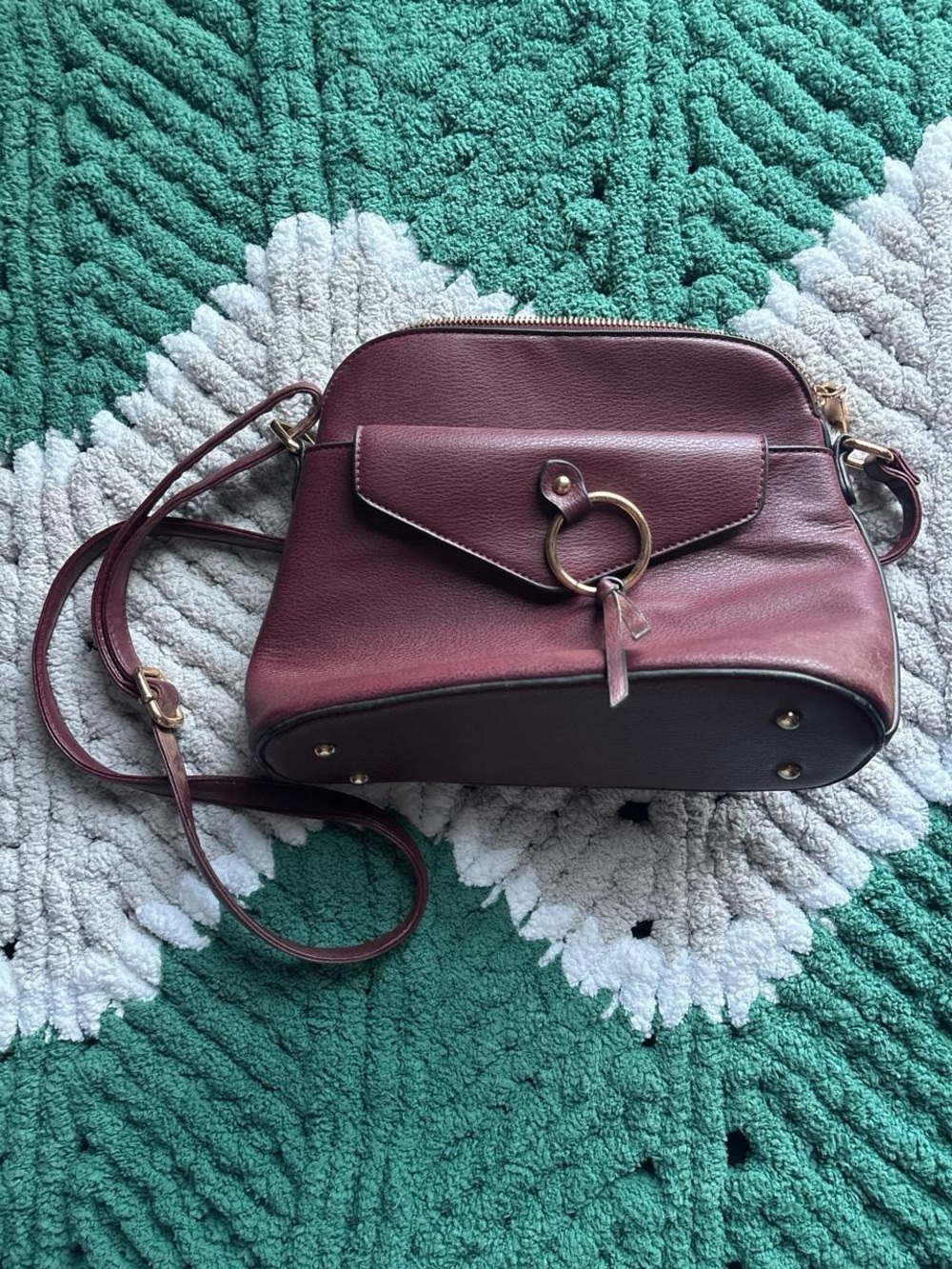 Women’s Burgundy Crossbody Bag with Gold Ring Accent